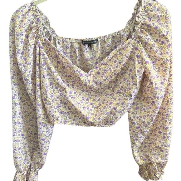 Women Floral Blouse Crop Top Long Sleeve Elastic Purple Flower Sweetheart Neck M - Picture 1 of 10